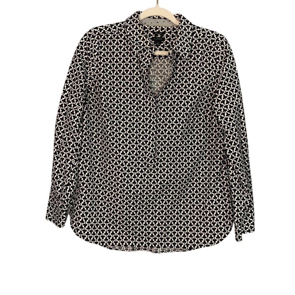 Talbots Button Down Top Size 8 Black White Clover Print Long Sleeve